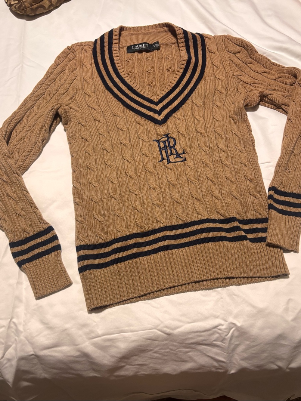 Lauren Ralph Lauren Cable Knit V-Neck Sweater in Camel with Navy Trim